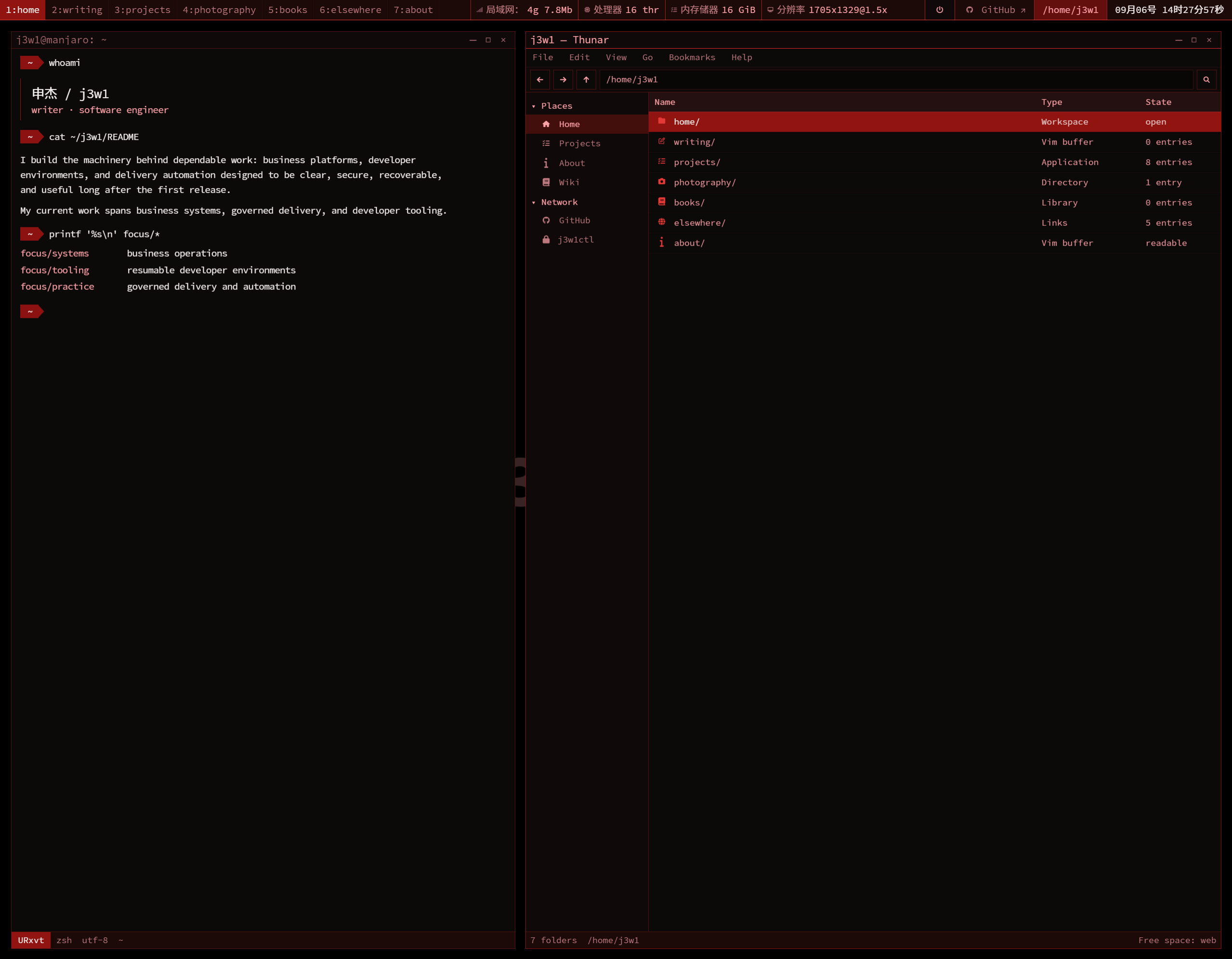 My old Manjaro i3 desktop, with a terminal on the left and the Thunar file manager on the right.